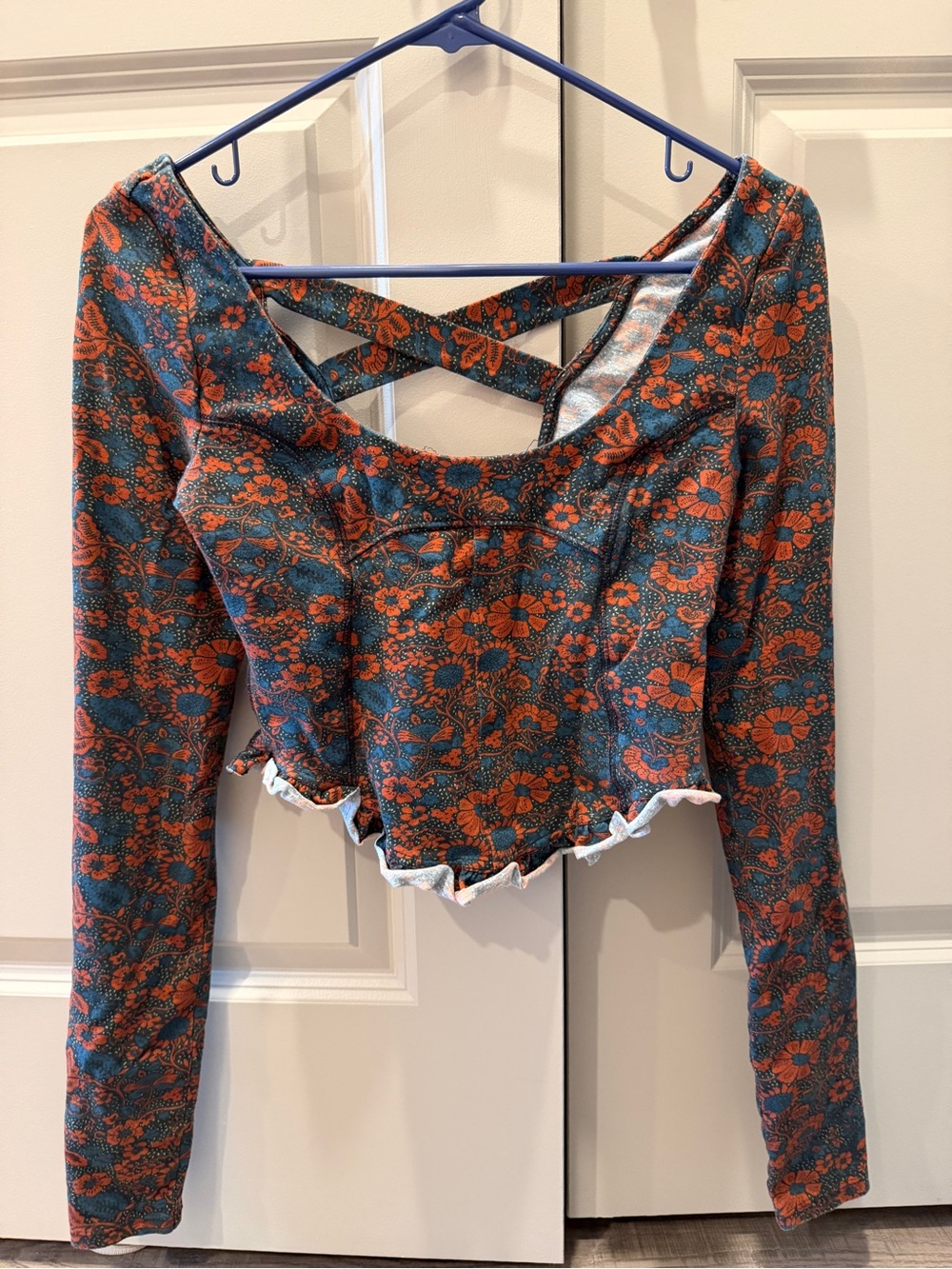 Free People Teal and Orange Floral Crisscross Long Sleeve Crop Top